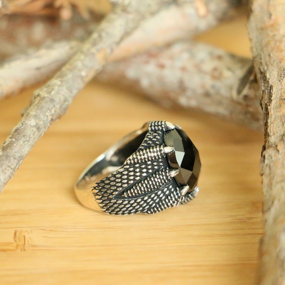 Sterling Silver Eagle Paws Men's Ring CZ Stone - Picture 6 of 8